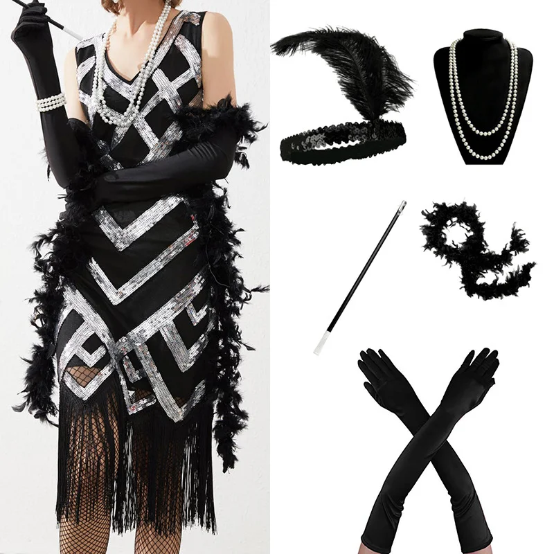 Women's 1920s Gatsby Inspired Sequin Beads Long Fringe Flapper Dress with Sleeveless  /Accessories Set