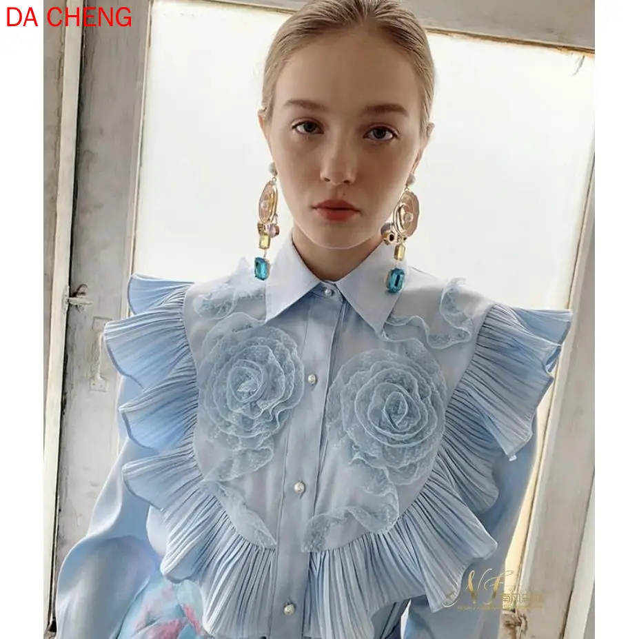 

Early Spring Design Retro Three-dimensional Pleated Ruffled Long-sleeved Shirt Straight Top