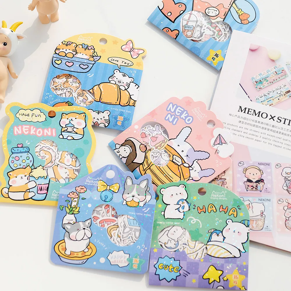 36 pcs/set Korean Import NEKONI Kawaii Suar Candy Animals Snacks Stickers Cute Stationery Scrapbooking Diy Journal Sticker Gift