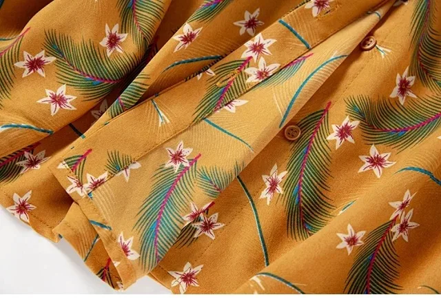 

Autumn Women's Shirt Floral Print Retro Caramel long-sleeved Wind Blowing Wheat Wave ladies blouses and tops casual