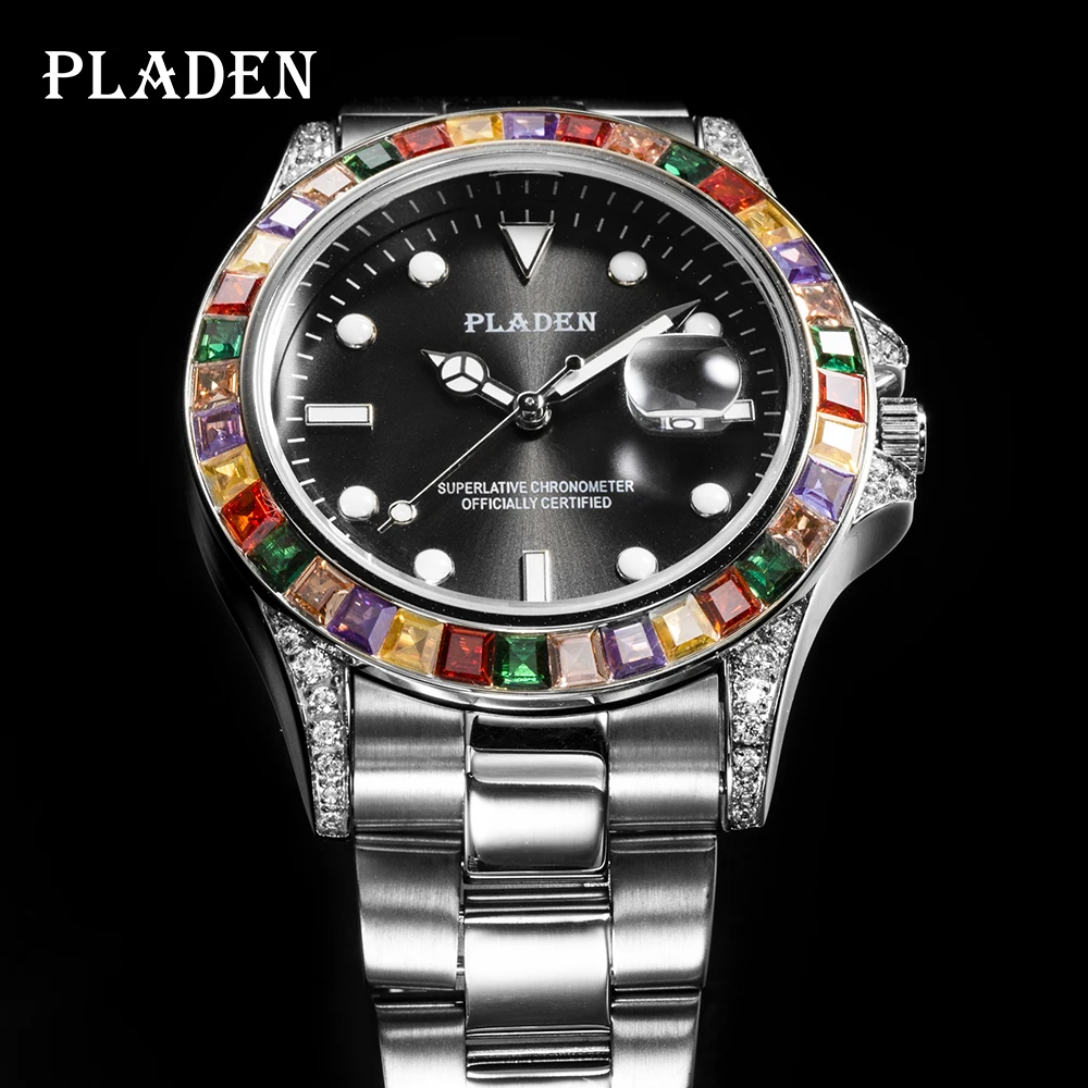 

PLADEN Mens Watches Stainless Steel 30M Waterproof Black Men Wristwatch Seiko Movement Candy Diamond Sapphire GMT AAA Male Watch