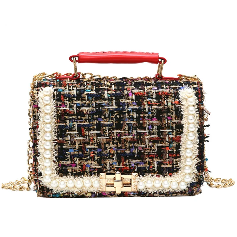 

2021 Fashion New Female Square Tote Bag Quality Woolen Pearl Women's Designer Handbag Ladies Chain Shoulder Crossbody Bag Travel