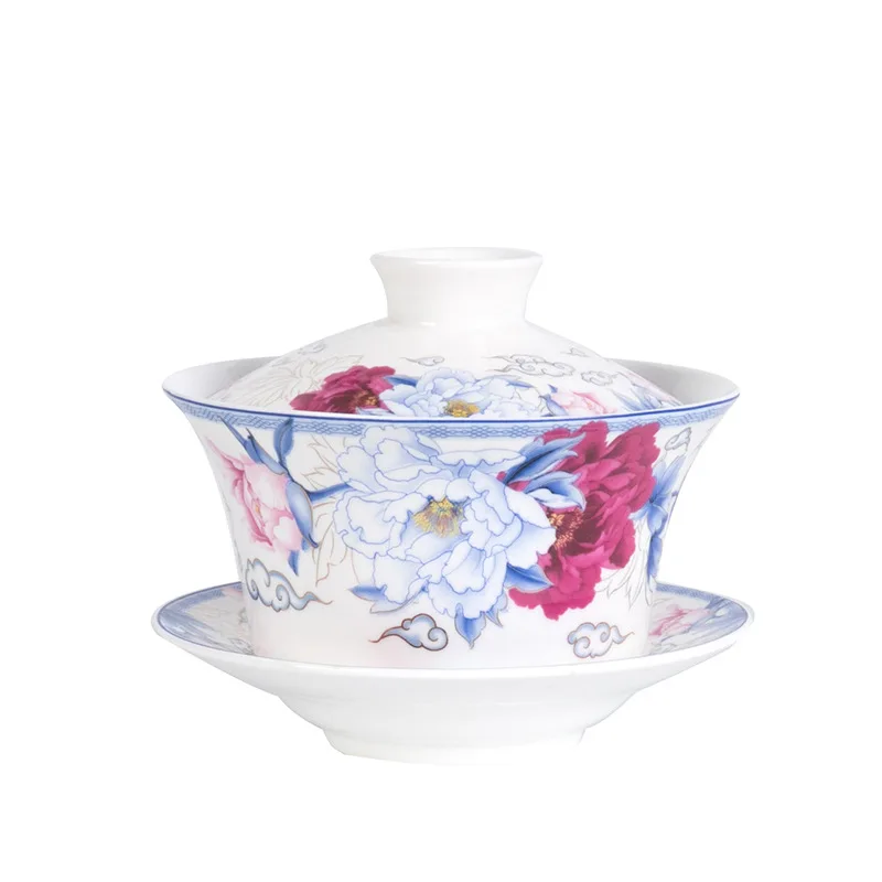 3 colors Flower 300 мл Sancai GaiWan Старый Пекин восемь сокровища Ретро чайная чаша Цзиндэчжэнь синий и белый фарфор керамическая чайная чашка и блюдце набор - Цвет: 3 colors Flower