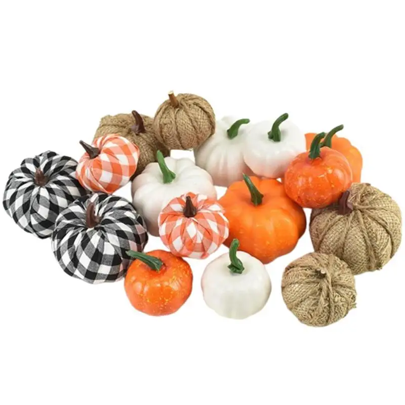 

16 Pcs Halloween Artificial Pumpkin Fall Decoration Plaid White Simulation Pumpkins For Thanksgiving Holiday Farmhouse Ornament