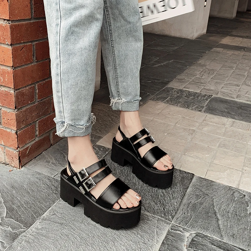 Sandalias gladiador mujer Готические сандалии в стиле панк-рок Босоножки на платформе Обувь