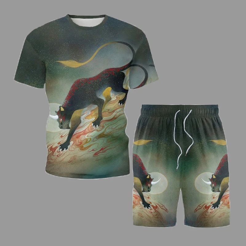 2022 New Trendy Clothing Retro Chinese Style Summer T-shirt With Shorts Men Sets Ancient Mythical Beast Print Short Sleeve Suit