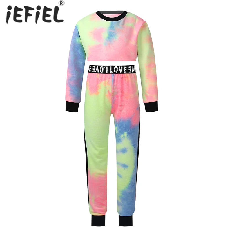 

4-14Y Kids Girls Clothes Sets Tie Dye Print Crop Tops T-Shirts+Letter Pants Children Clothing Spring Teen Tracksuits Sports Sets