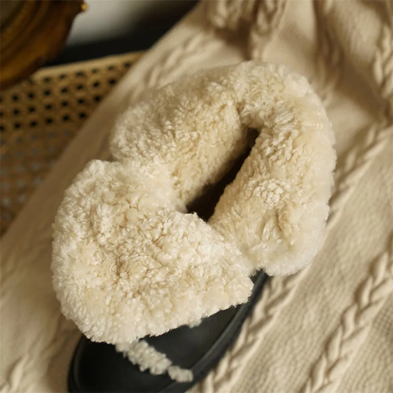 

ANNYMOLI Real Wool Fur Genuine Leather Flat Platform Snow Boots Women Warm Ankle Boots Round Toe Lace Up Lady Short Boots Shoes