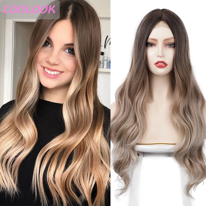 

26 Inch Long Light Brown Body Wavy Part Lace Wigs for Afro Women Ombre Red Ocean Wave Lace Wigs Synthetic Curly Wavy Cosplay Wig
