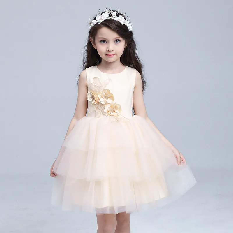 2020 Sweet Pincess Champagne Girl Dress Kids Girls Vestidos Summer Children Clothes For 3 4 6 8 10 12 14 Years Old AKF164089 | Детская