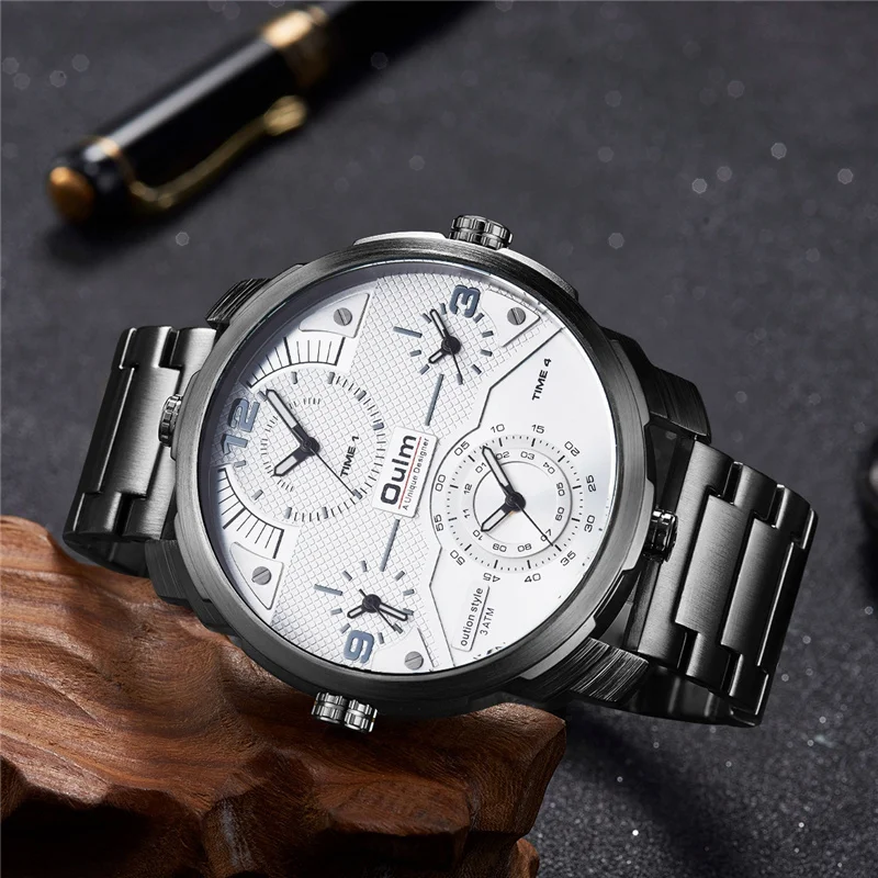 Oulm Luxury Men Watches Mens Big Dial Four Time Zone Stainless Steel Quartz Wristwatches Military Sports | Наручные часы