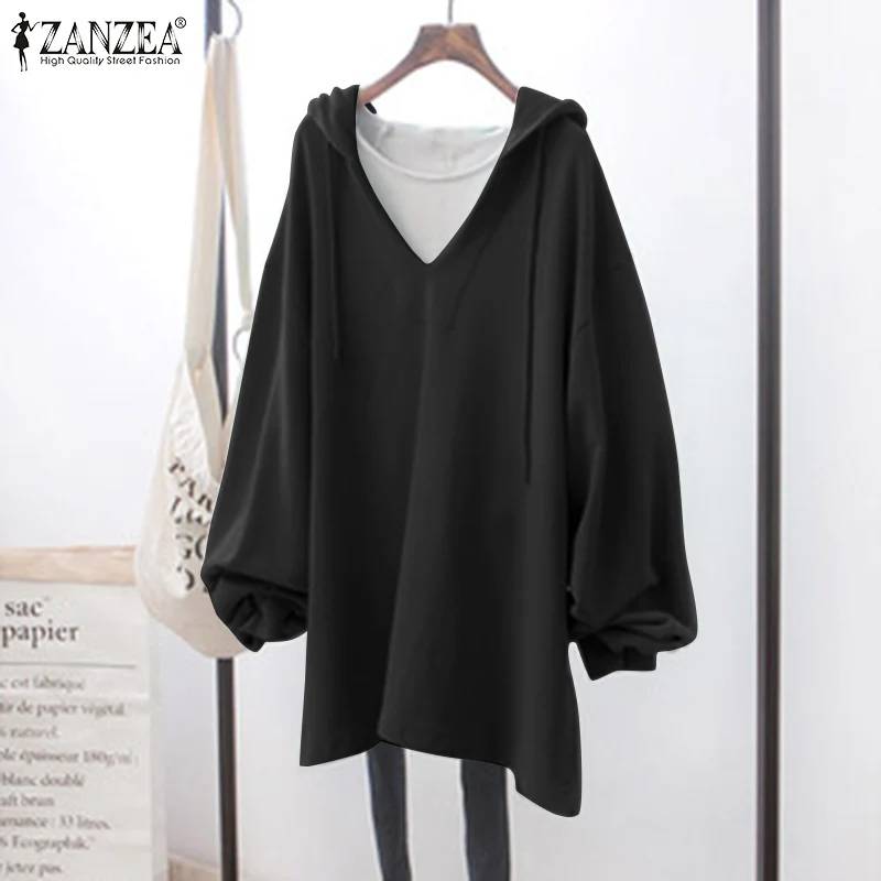 

Женская однотонная Толстовка с длинным рукавом ZANZEA, Модный пуловер с V-образным вырезом, весенне-осенние Топы большого размера с капюшоном, ...