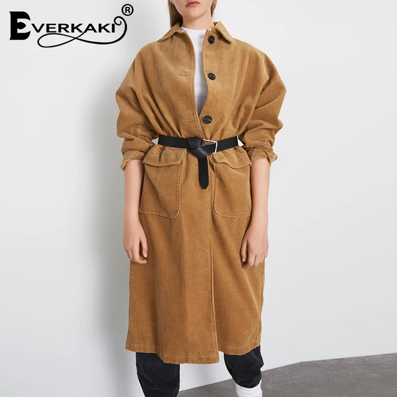 Женское вельветовое пальто Everkaki осенне-зимнее однотонное в стиле бохо с