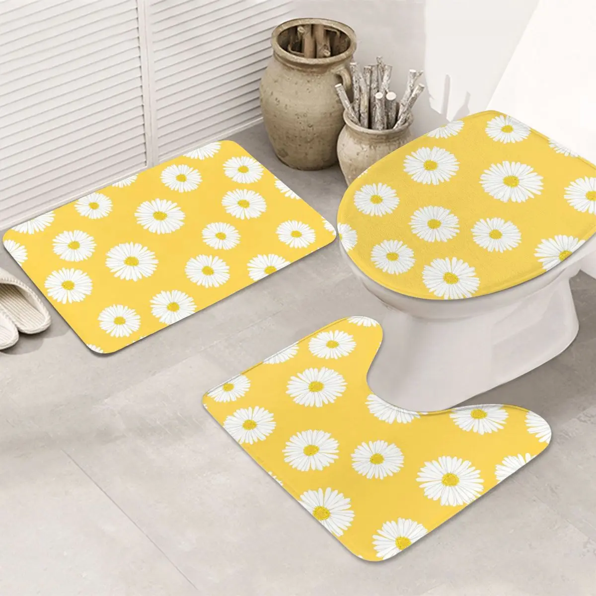 

Daisy Bathroom Carpet Bath Mat and Shower Curtain Set Toilet Home Decor Floor Rugs Anti Skid Pad