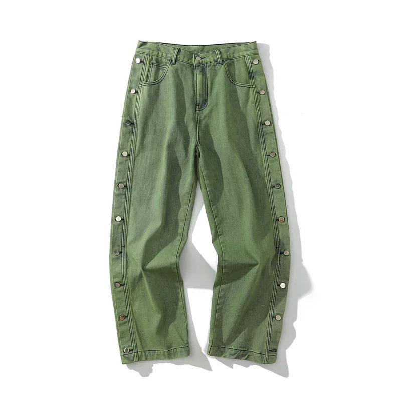 

2021 Original Fashion Washed Distressed Side Button Green Daddy Pants Fashion Hip Hop Loose Men's Jeans