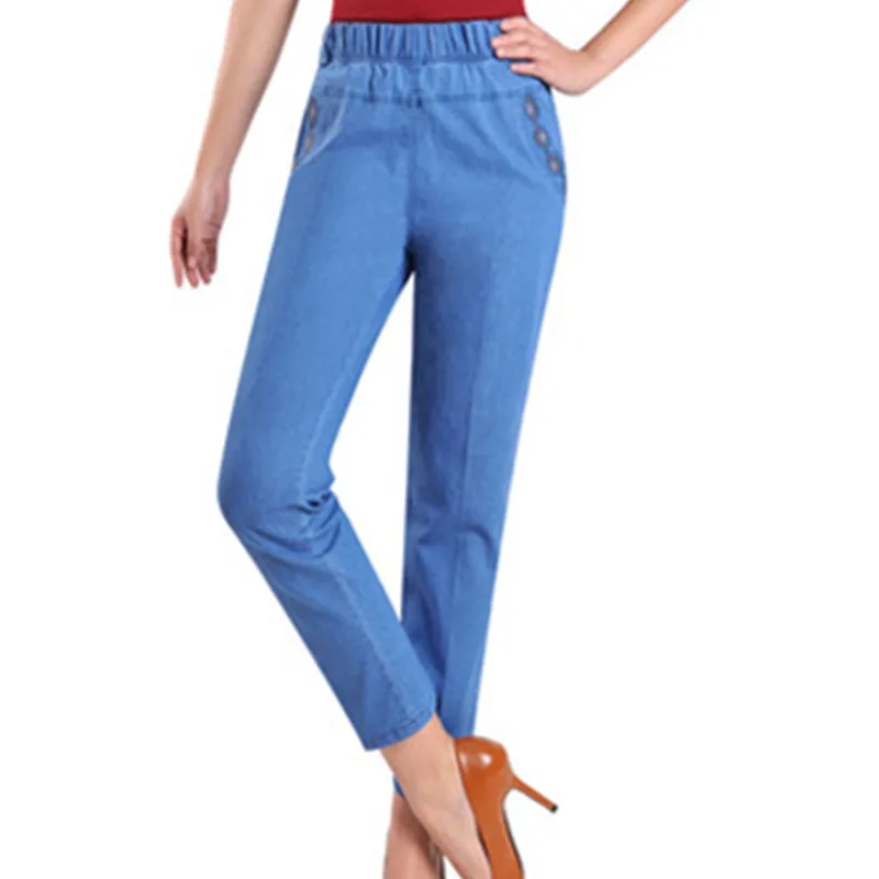 

Джинсы большого размера для женщин среднего и пожилого возраста, джинсы с завышенной талией, тонкие прямые брюки с эластичным поясом, весна-...