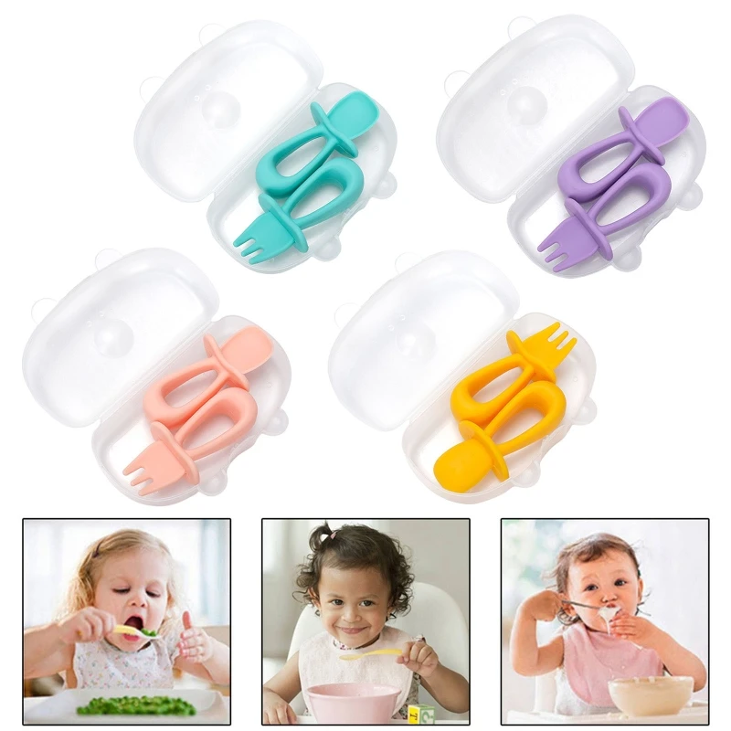 

2pcs/set Baby Training Short Handle Silicone Fork Spoon Kit Infant Learning Eat Anti-drop Tableware Baby Food Feeding Silicone S