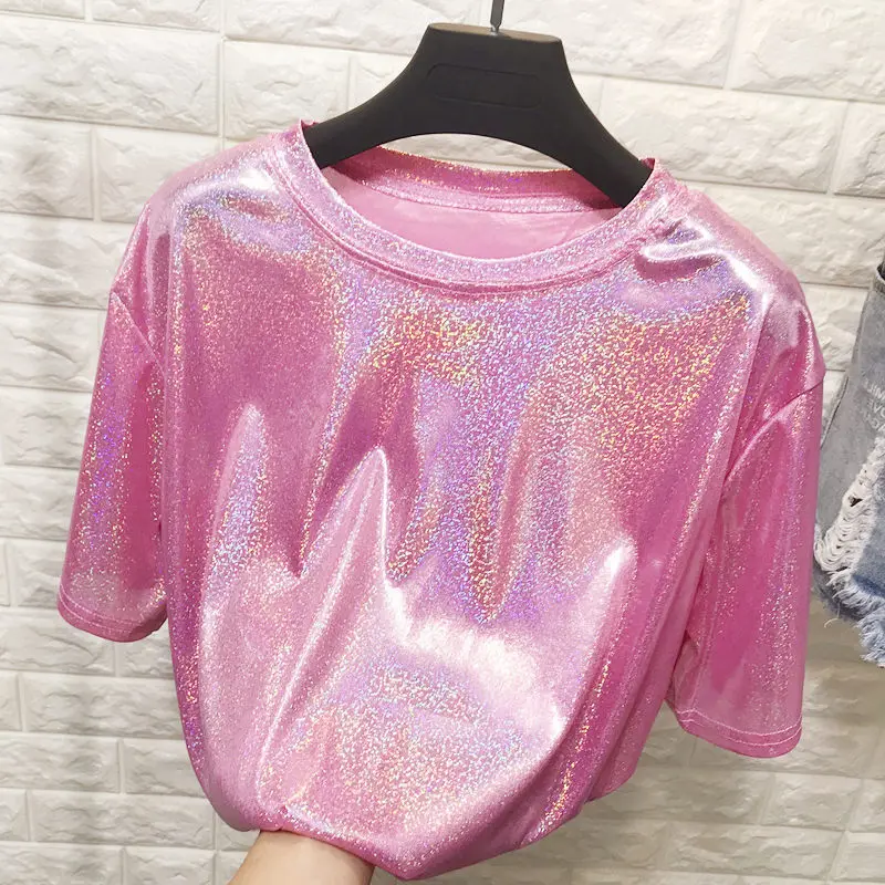 

New summer retro style stylish bright silk woman tops shiny loose short sleeve t-shirt sexy club aesthetic harajuku women tshirt