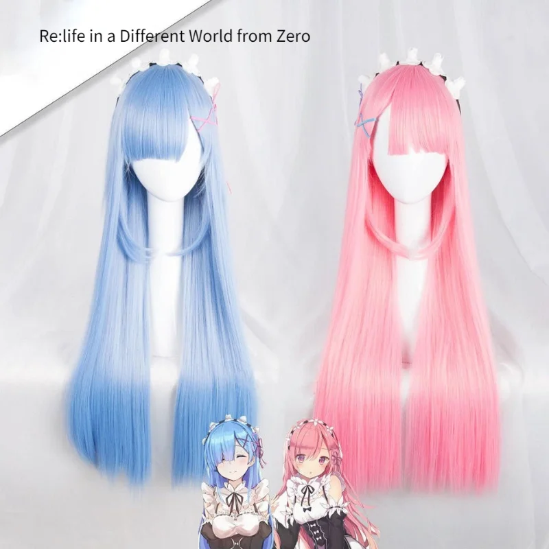 

Re:life In A Different World From Zero Pink Blue Long Straight Synthetic Hair Wigs for Adult Anime 80cm Ram or Rem Cosplay Wigs