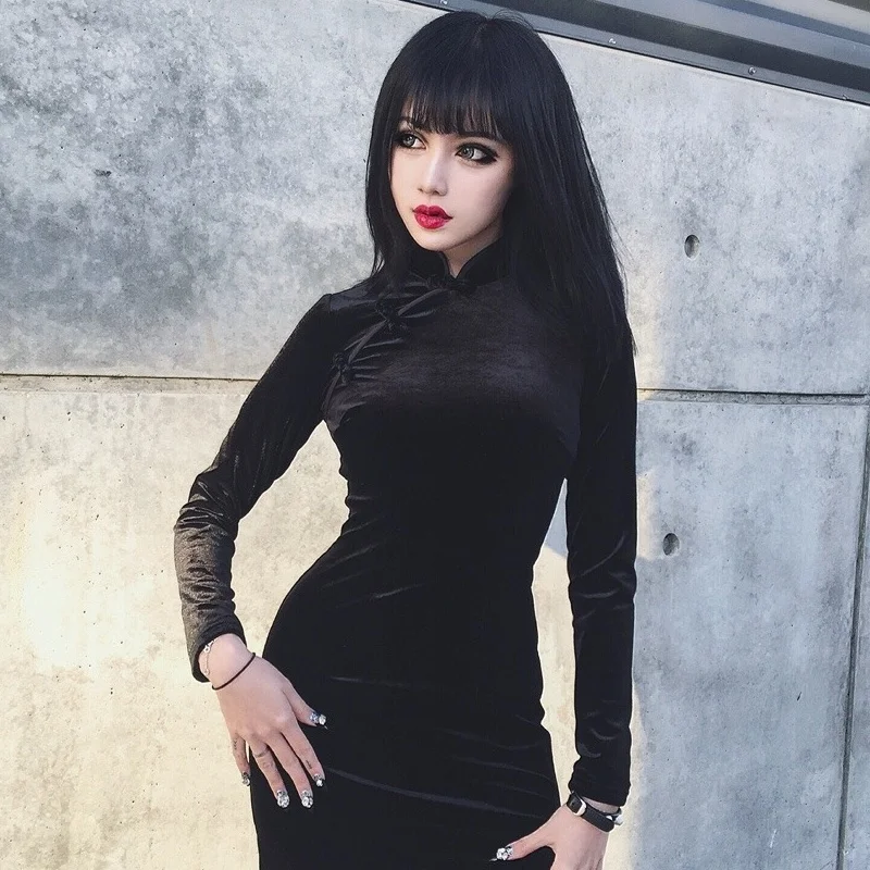 InstaHot китайское стильное бархатное китайское платье с разрезами по бокам и воротником-стойкой женское облегающее Винтажное с длинным рукавом сплит Mni традиционное элегантное Qipao Новое