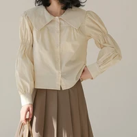 elegant apricot spring summer female blouse vintage bubble sleeve women short top new cute doll collar lady shirts 2021