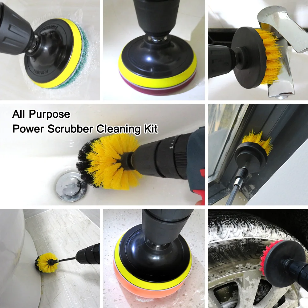 

14 PCS Drill Brush Attachments Set Includes Scrub Pads Sponges Different-Sized Brushes Power Scrubber Brushes with Extend Rod