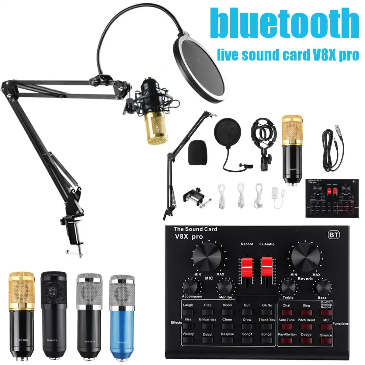 

BM800 Pro Microphone Mixer Audio dj MIC Stand Condenser USB Karaoke KTV Professional Recording bluetooth With V8X SoundCard