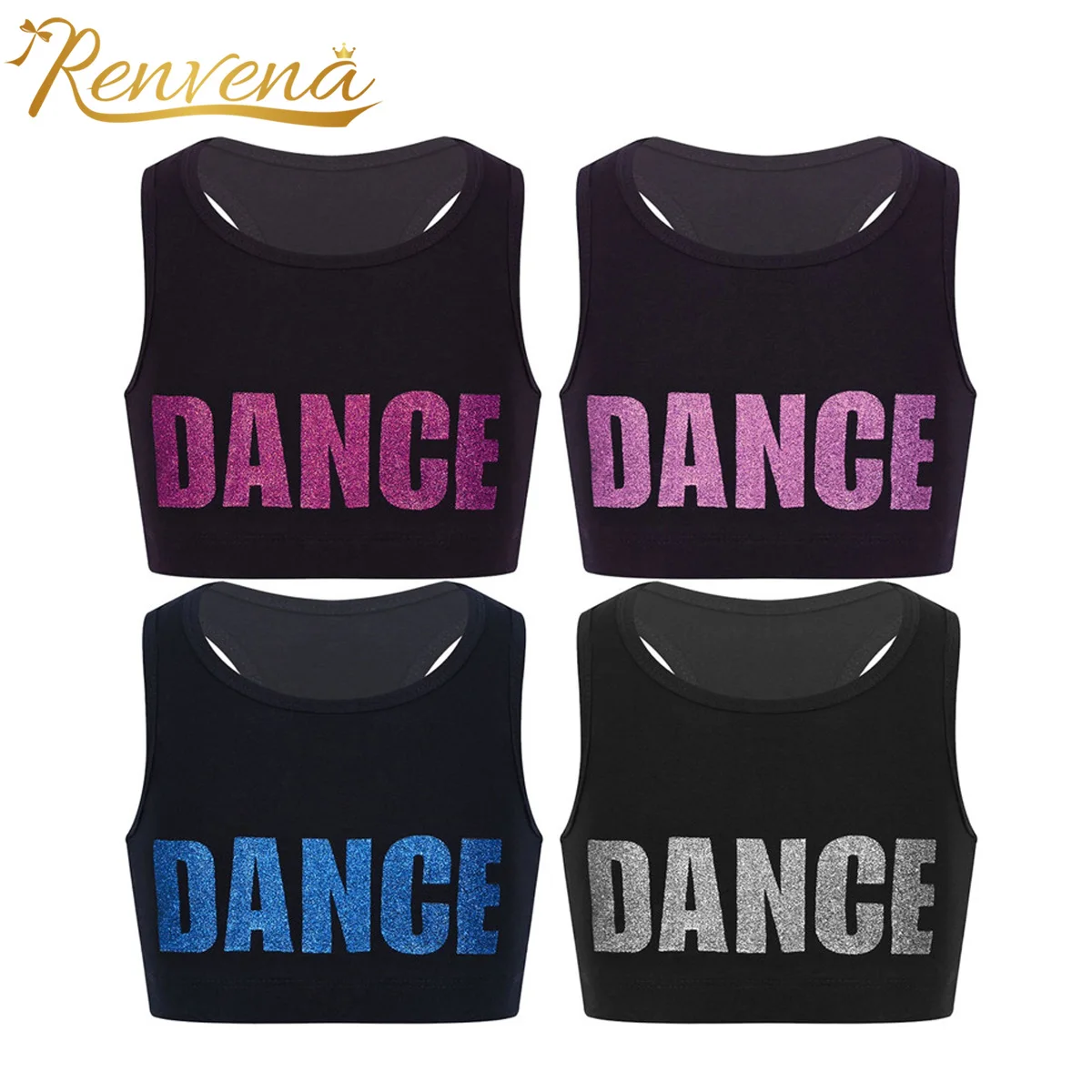 

Kids Girls Sleeveless Shiny Letters DANCE Printed Crop Top Sports Gymnastics Ballet Tops Stage Performance Dance Costume Tanks