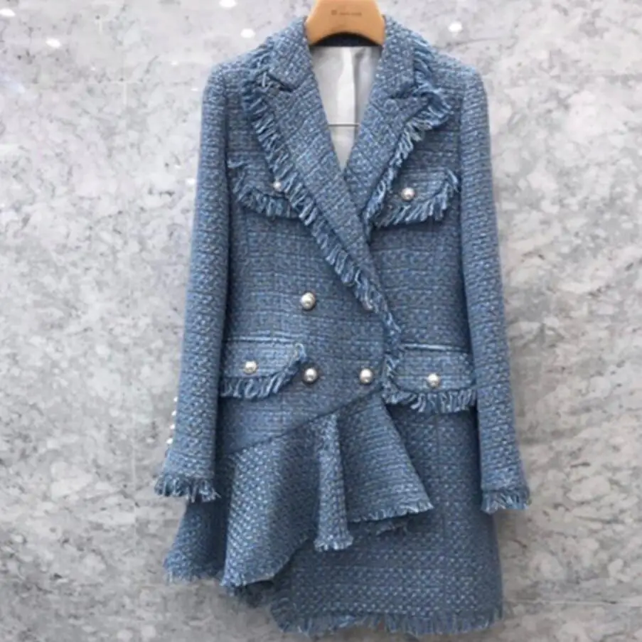 Небольшой аромат твидовый шерстяной Блейзер для женщин Нерегулярные оборки