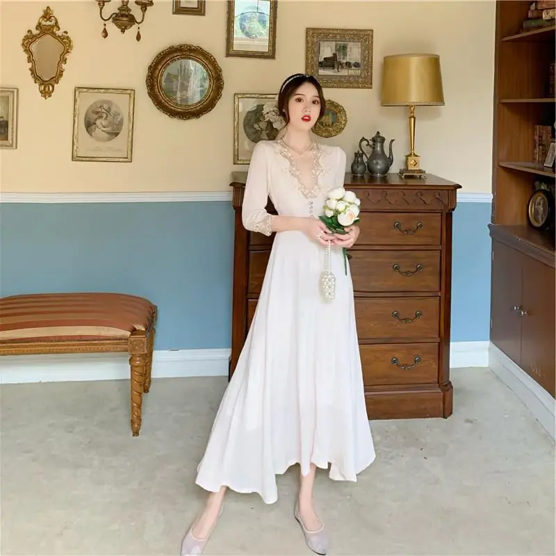 

Floral Fairy Dress Women Elegant Retro Designer Party Dress Female Lace Patchwork Slim Sexy Chiffon Solid Midi Dress Autumn 2020
