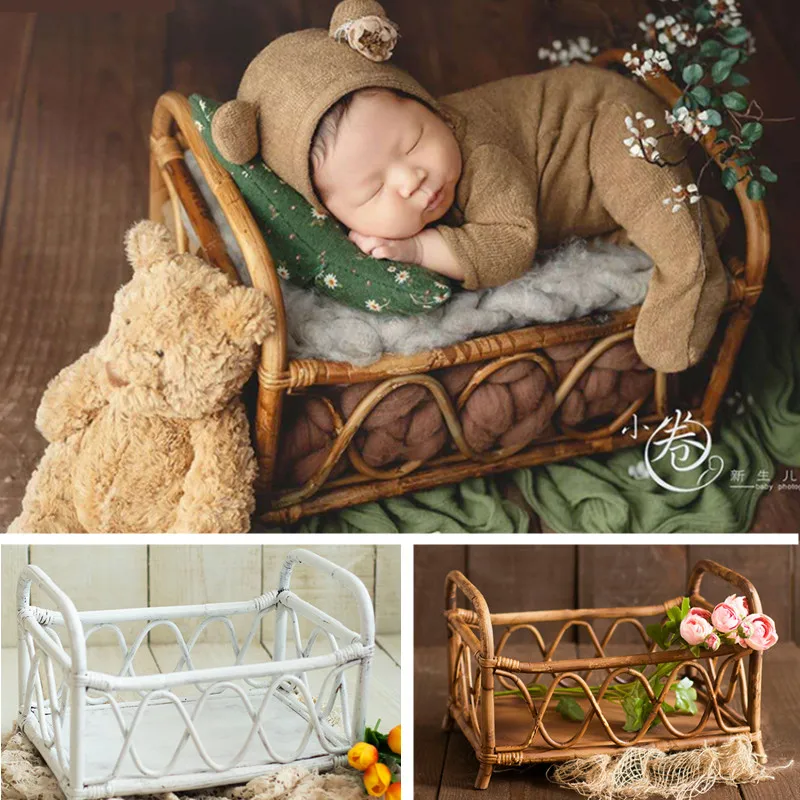 Baby Photography Basket Handmade Idyllic Retro Small Rattan Bed Newborn Photography Props Furniture for Photo Shoot Accessories