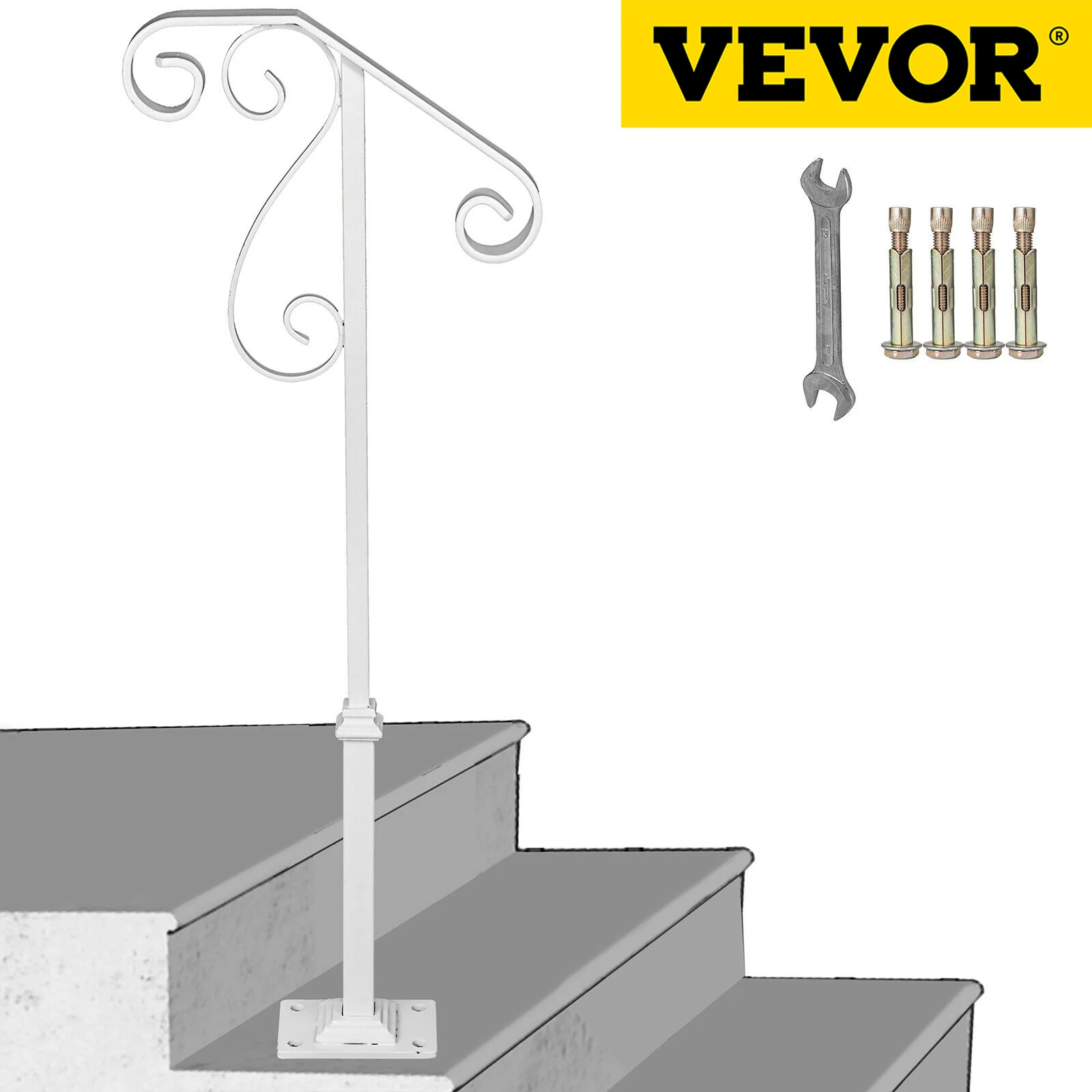 

VEVOR Single Post Handrail Wrought Iron Post Mount Step With Base Plate Fits 1Or2 Steps Grab Rail Single White/Gray Post Railing