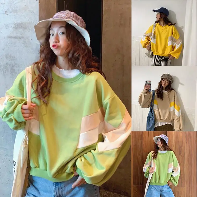 Модные толстовки для школьниц цветная контрастная Женская одежда с круглым