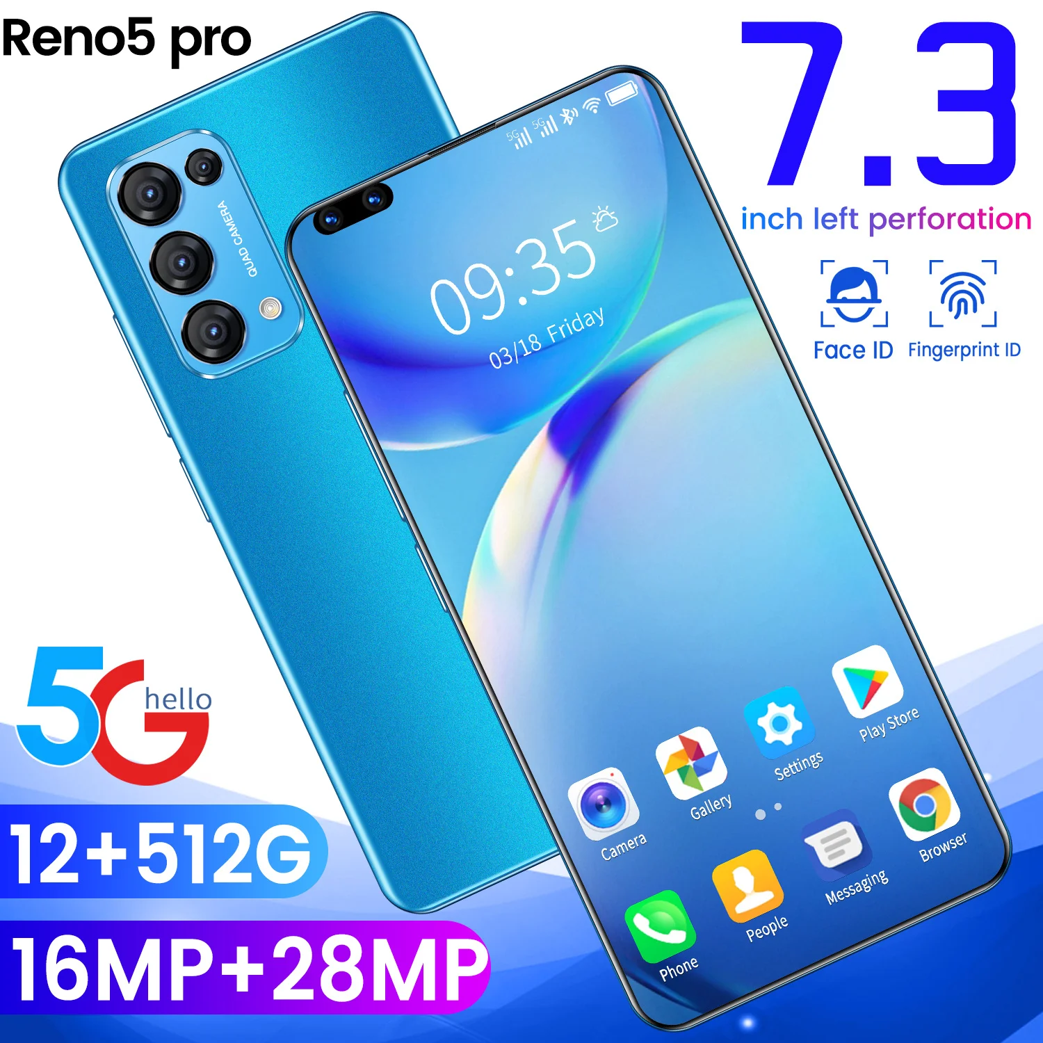 

2021 New Arrival Reno5 Pro 7.3" Smartphone 5000 MAh 12+512GB 16+28MP Full Screen Android Mobile Dual SIM 5G WIFI GPS Cellphone