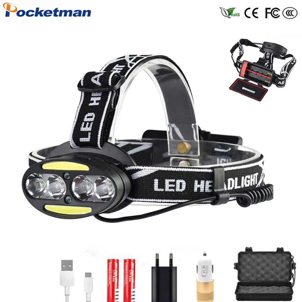 

Мощный светодиодный налобный фонарь, Головной фонарь 4 * T6 + 2 * COB + 2 * красный налобный фонарь, USB фонасветильник, головсветильник фонарь, охота...