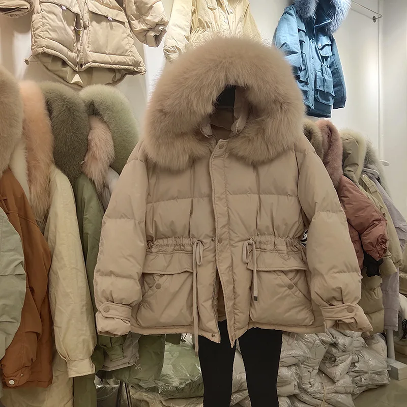 Женский пуховик Janveny теплый зимний с капюшоном из натурального Лисьего меха 90%