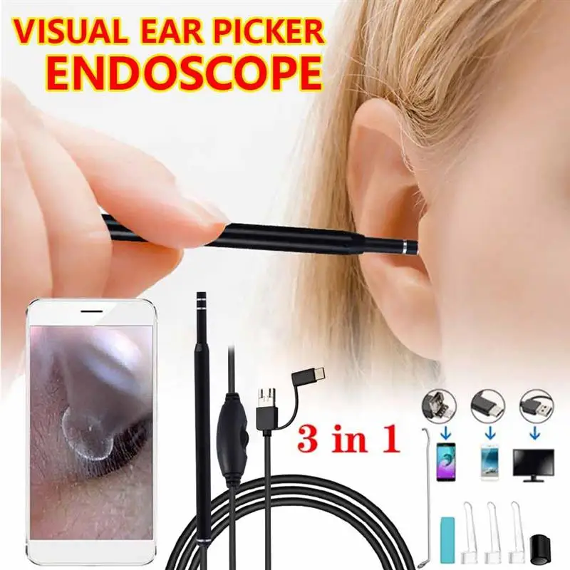 2M In Ear Cleaning Endoscope Spoon Mini Camera Ear Picker Ear Wax Removal Visual Ear Mouth Nose Otoscope Support Android PC