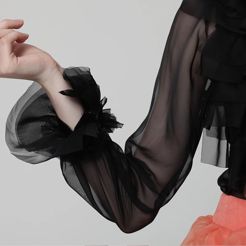 

Spring and Summer New Temperament Top Women's Sexy Perspective Chiffon Shirt Long Sleeve Retro Court Bow Shirt