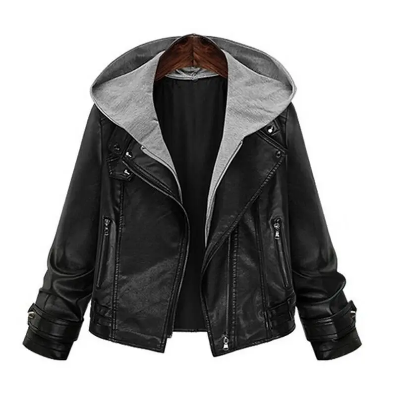

European Autumn New And American Large Size Women's Clothing Locomotive Leather Long-sleeved Hooded Black Jacket / Xl-5xl