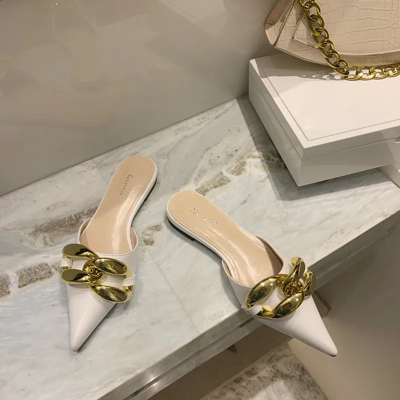 

New chain flat bottom pointed slippers for women in summer 2021