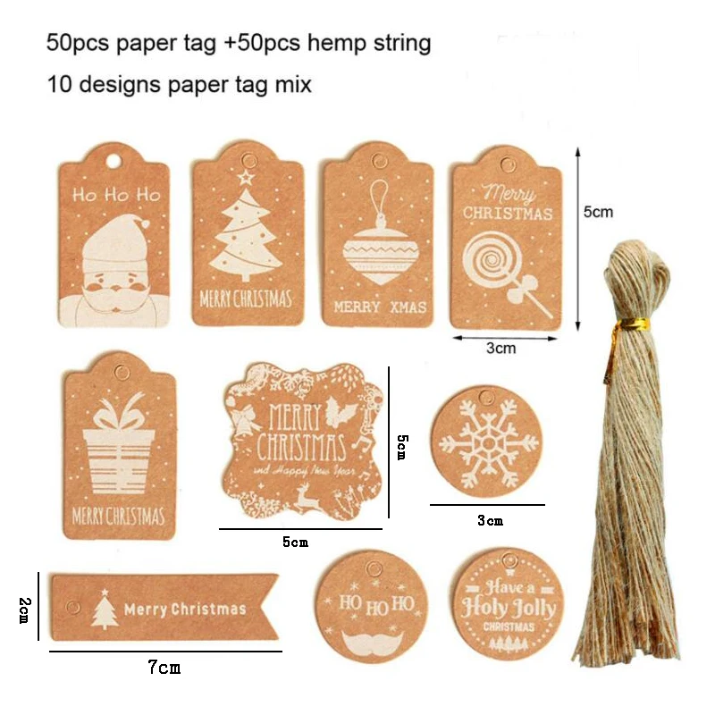

50 шт. Рождественская бирка, Рождественская бирка из крафт-бумаги, Рождественская бирка с веревкой, Набор рождественских товаров, празднична...