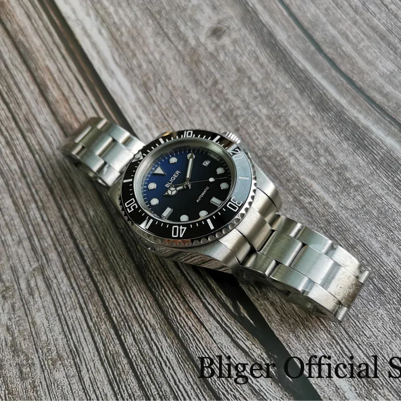 Pаспродажа Мужские Большие механические часы BLIGER SEA Blue Black Dial 43 мм, вращающаяся рамка с керамической вставкой, 24 Драгоценности NH35A MIYOTA 8215, ремешок для уст...