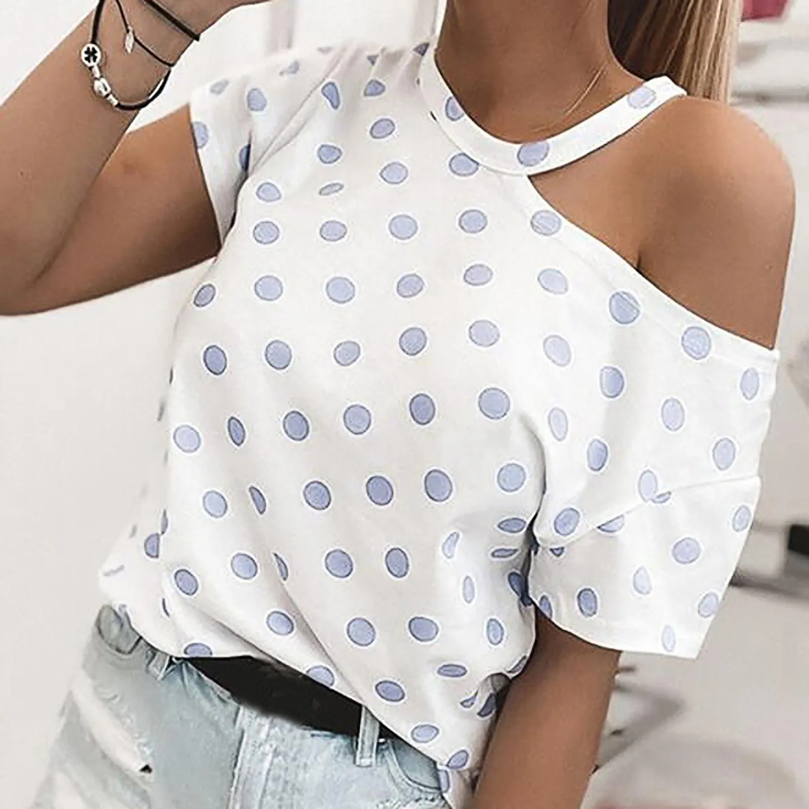 

Sexy Dot Blouses Women Summer Short Sleeve Chiffon Blouses Pullover Cold Shoulder Tops Female Blusas Tunic