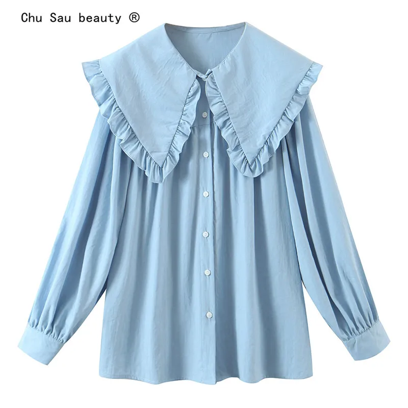 

2021 Spring Autumn Japanese Sweet College Style Girl Fresh Loose Doll Collar Bottoming Shirt Ruffled Long-sleeved Blouse Women