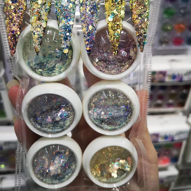 6 банок Русалка шестигранный дизайн ногтей блестки ультратонкий смешанный