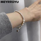 Женский браслет с бусинами MEYRROYU, элегантный корейский браслет из стерлингового серебра с натуральным жемчугом и кулоном в виде любовного замка, бижутерия, подарок на день рождения