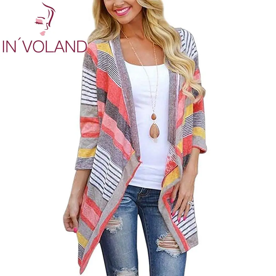 Women Cardigans Autumn Spring Casual 3/4 Sleeve Patchwork Asymmetry Hem Red Blue Long Cardigan Summer BOHO Beach Female |