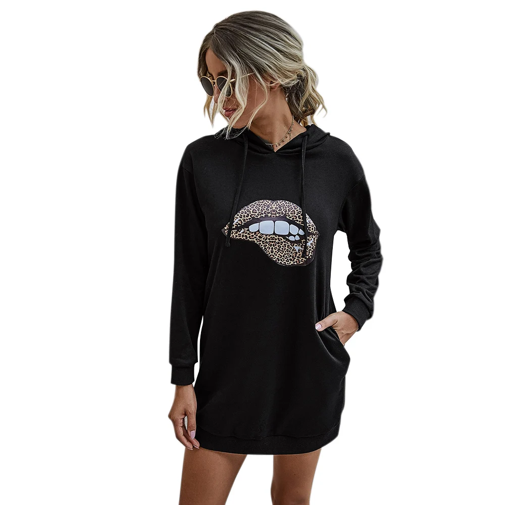 

Autumn Casual Sweatshirt Long Sleeve lips print hooded dress 2020Women Clothes Hooded Drawstring Collar Pocket Simple Mini Dress