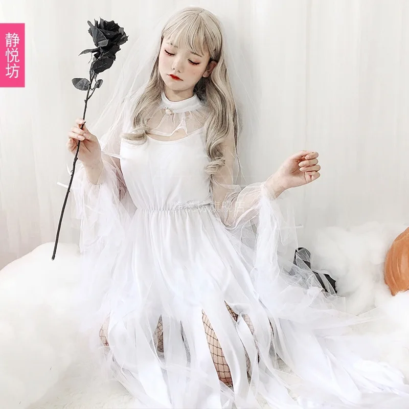 Женский костюм на Хэллоуин длинное черно-белое платье с имитацией зомби стиль