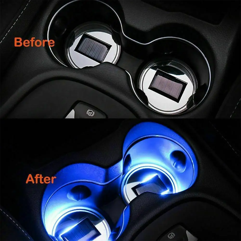 

2Pc Solar Cup Pad Car Accessories LED Light Cover Interior Atmosphere Car Interior Lights Decoration G2C6